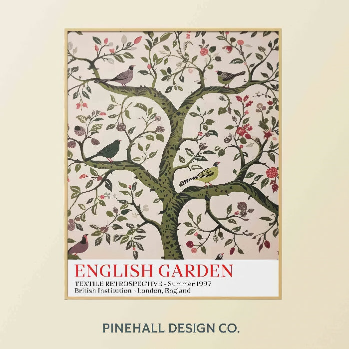 English Garden Bird and Botanical Pattern | Vintage-Inspired Textile Museum Art | Instant Download