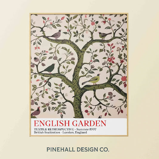 English Garden Bird and Botanical Pattern | Vintage-Inspired Textile Museum Art | Instant Download