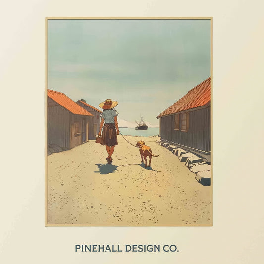 Girl and Her Puppy Strolling Through Coastal Village Illustration | Vintage Style Art Print | Instant Download